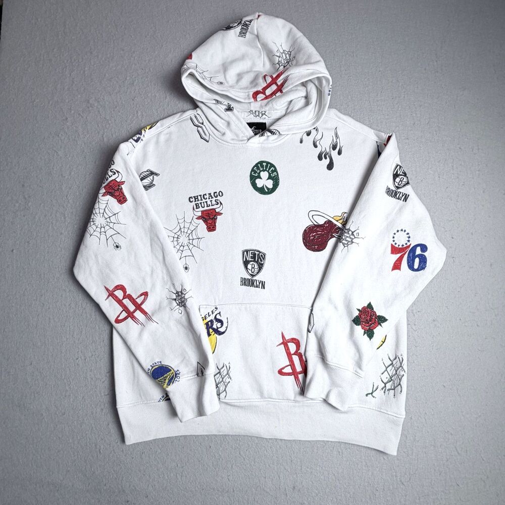 Hollister M Pullover Hoodie NBA Logos Bulls Nets Lakers Celtics White Basketball